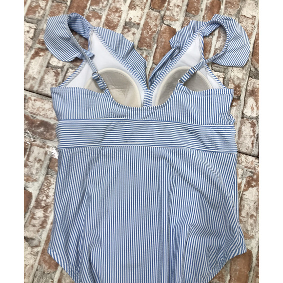 Time Tru Womens Ruffle Strap One Piece Swim Bathing Suit Padded L 12-14 Blu/whit - Picture 6 of 9